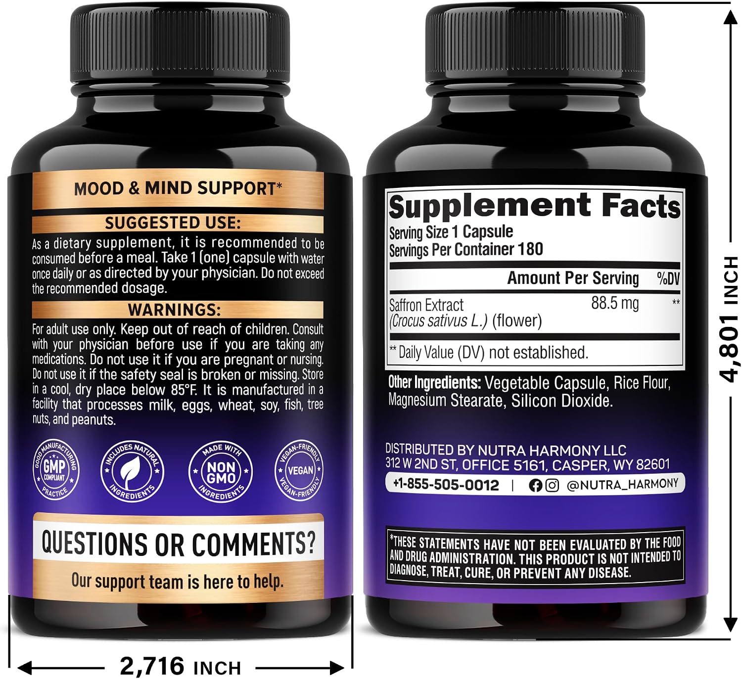 Natural Saffron Supplements - Pure Saffron Extract 88.5 mg - Mood | Focus | Vision | Energy Support - Eye Health for Women & Men - Lab Tested - NonGMO Vegan Pills - 180 Powder Capsules, 6 Month Supply