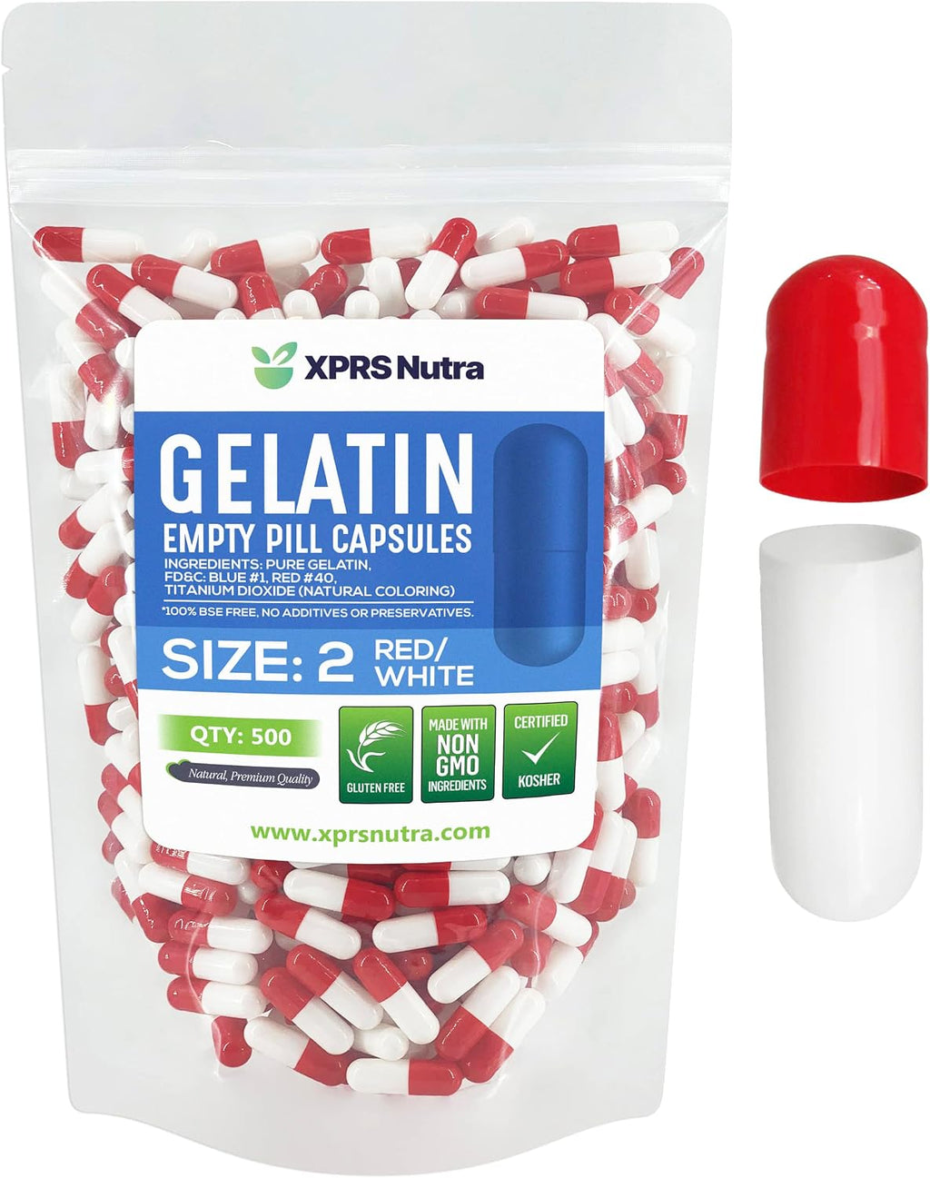 XPRS Nutra Cápsulas Vacías Tamaño 2 - 500 uds. Cápsulas de Gelatina Bovina (Rojo/Blanco)