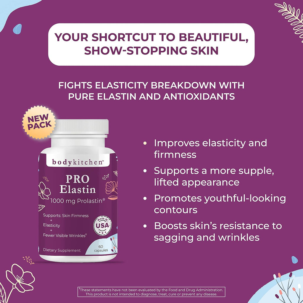 Body Kitchen Pro Elastin Peptides 1000mg – Péptidos de Elastina Marinos para la Firmeza y Elasticidad de la Piel, 180 Cápsulas