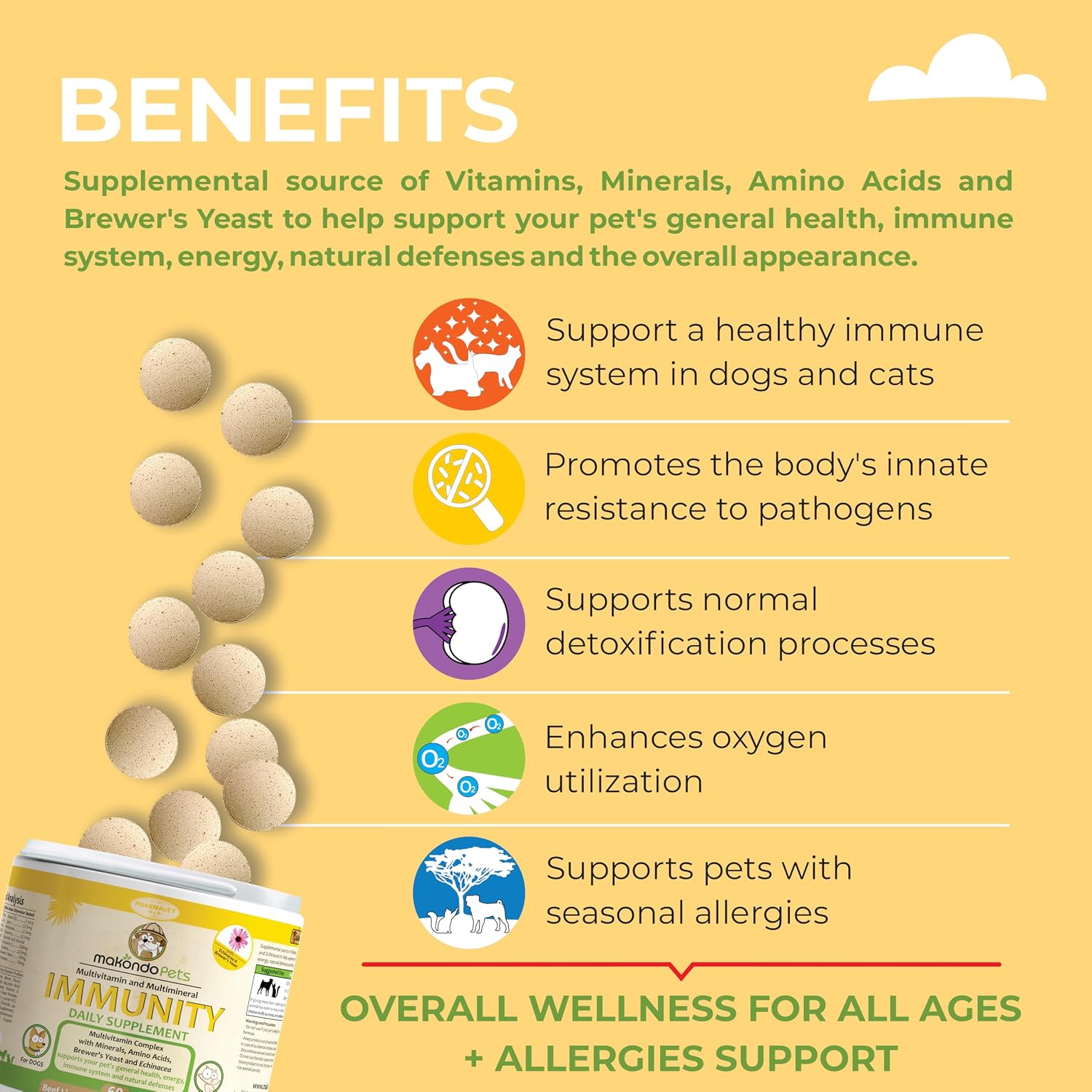 Makondo Pets Suplemento de Apoyo Inmunológico para Perros, Sabor Bacon, 60 Comprimidos