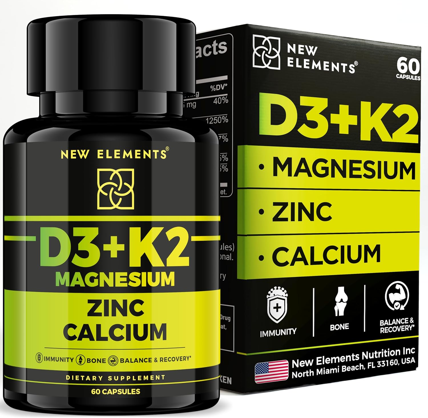 Vitamina D3 K2 con Magnesio, Zinc y Calcio | 10.000 UI D3, 200 mcg K2 MK7, 1500 mg Magnesio Glicinato | Vegano, Non-GMO