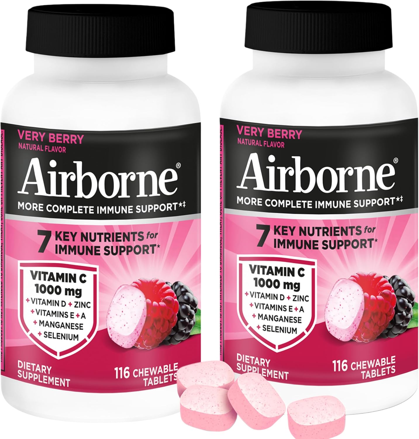 Airborne Vitamina C 1000 mg + Zinc – Comprimidos masticables sabor Frutos Rojos y Cítricos – 116 comprimidos