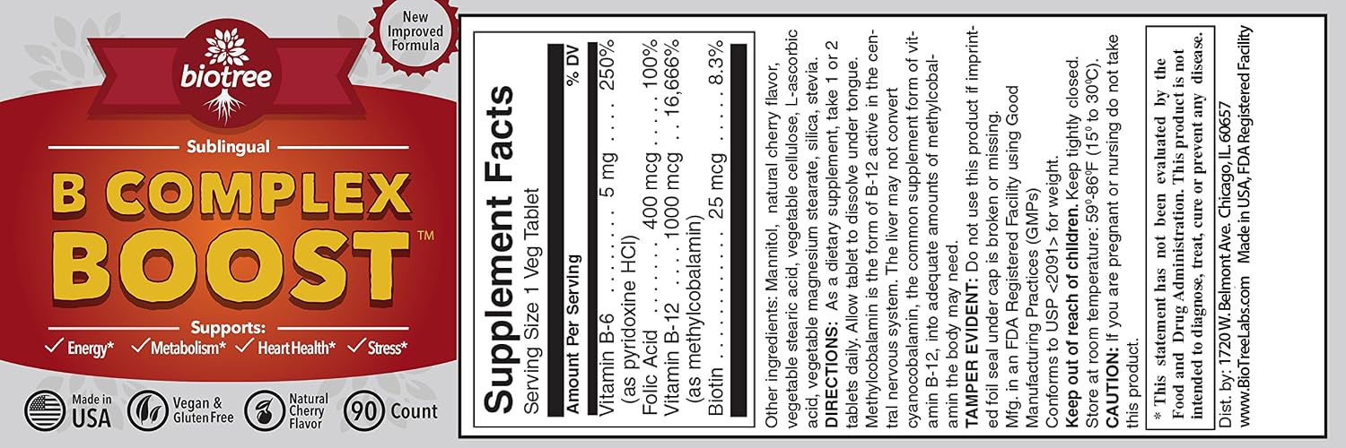 BioTree Labs Suplemento de Cereza con Vitamina B12 – Suplemento Sublingual de Vitaminas B con Metilcobalamina, B6, Biotina y Ácido Fólico