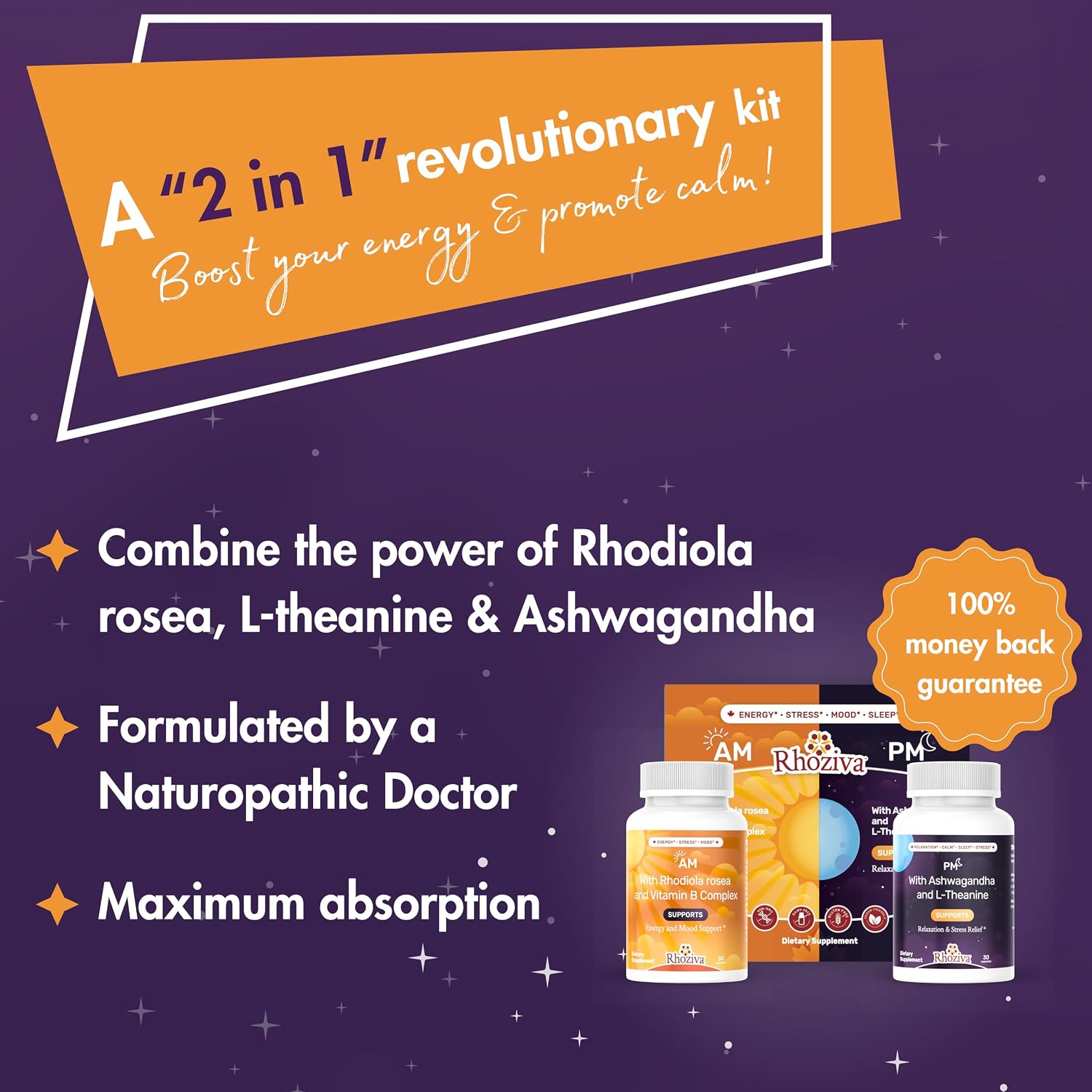 Multivitamínico AM PM - Suplemento Día y Noche con Rhodiola Rosea, L-Theanina y Ashwagandha