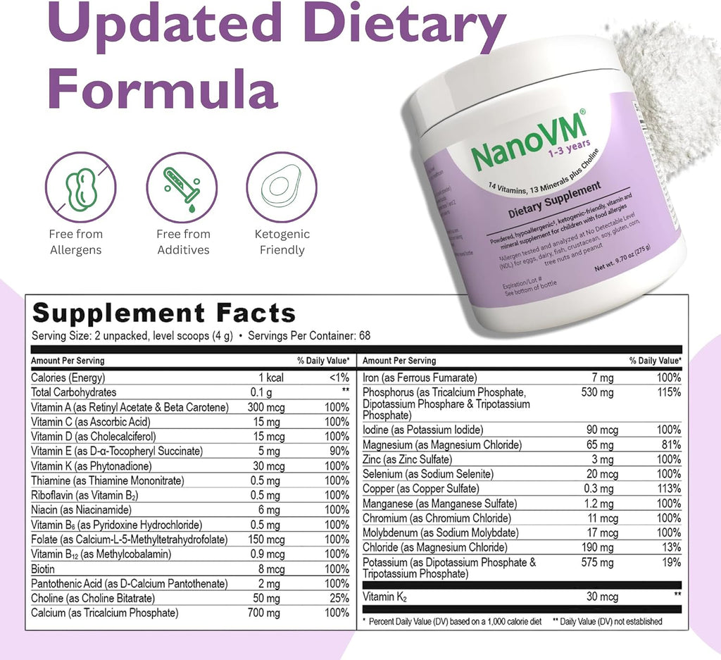 NanoVM 1-3 Años - Multivitamínico Infantil Sin Alérgenos, Polvo sin Sabor, 275g