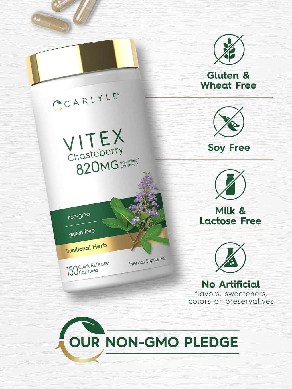 Carlyle Suplemento de Vitex Chasteberry | 150 Cápsulas | Vitex Agnus-Castus para Mujeres | No-GMO, Sin Gluten