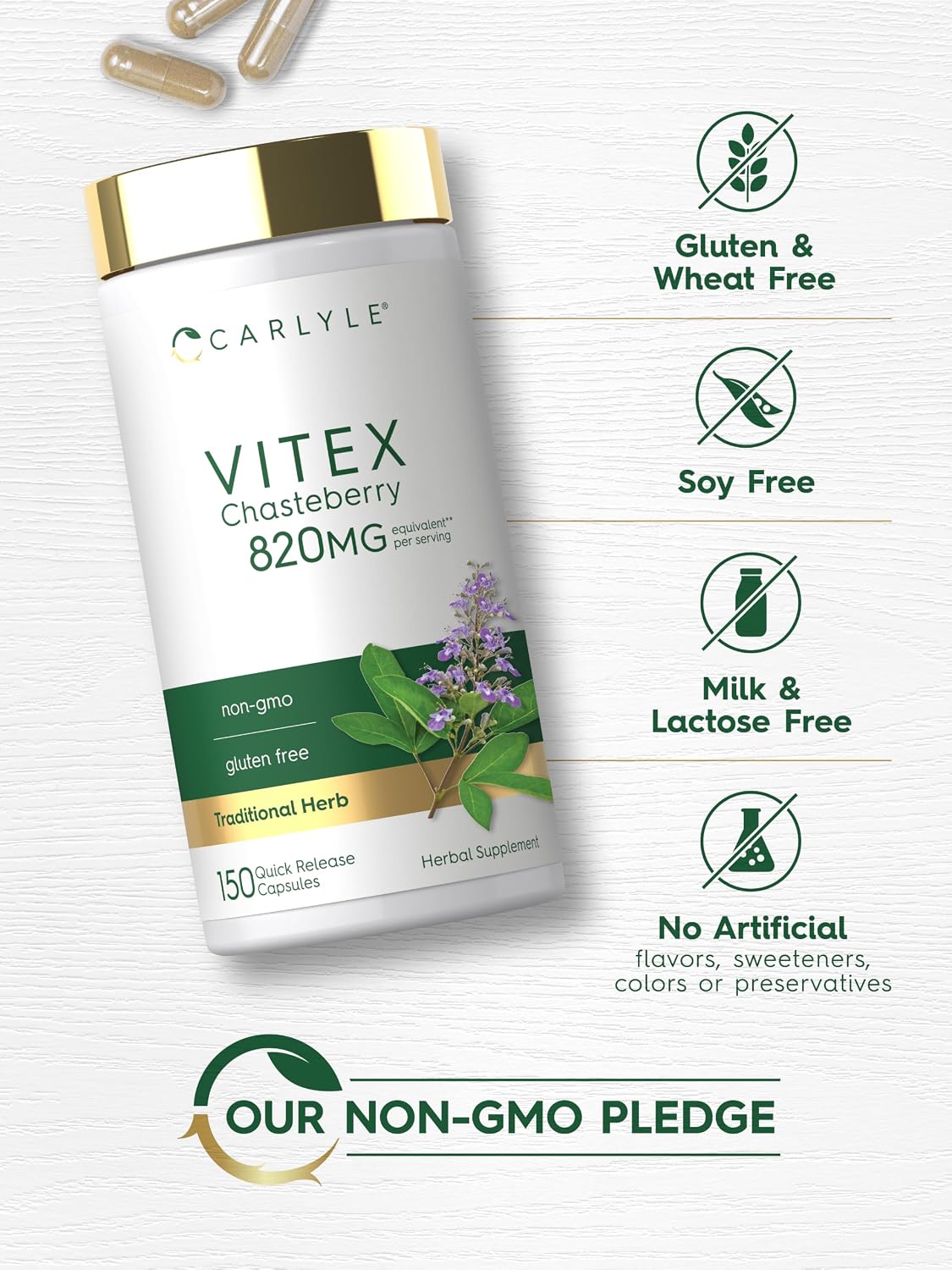 Carlyle Suplemento de Vitex Chasteberry | 150 Cápsulas | Vitex Agnus-Castus para Mujeres | No-GMO, Sin Gluten