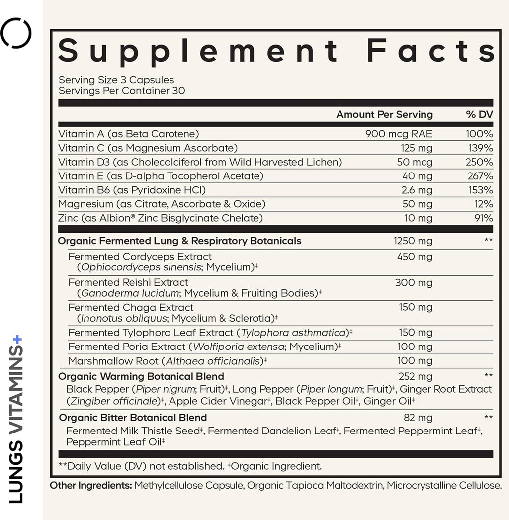 Codeage Lungs Vitamins – Complejo Pulmonar con Cordyceps, Reishi, Chaga, Zinc y Magnesio – 90 Cápsulas Veganas