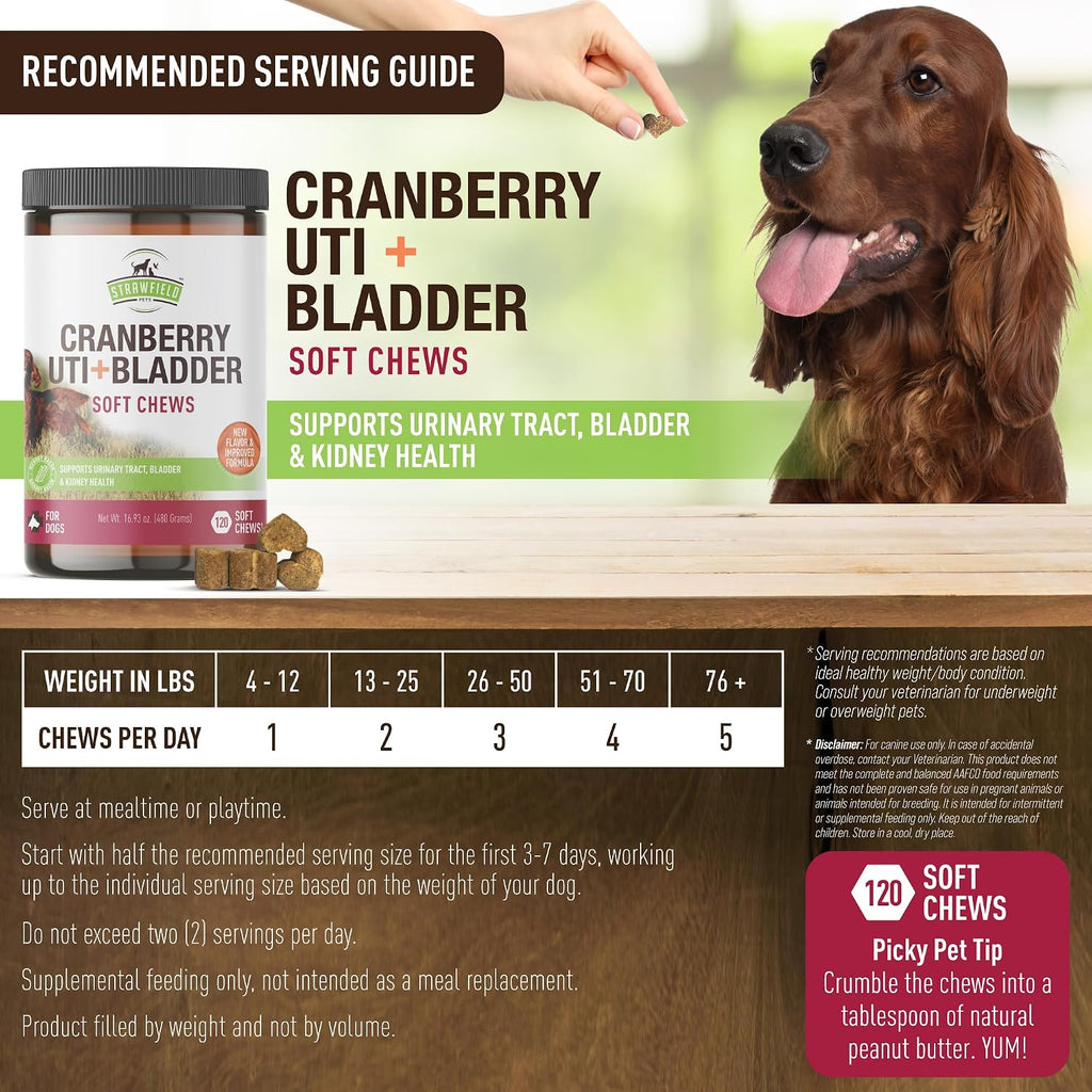 Strawfield Pets Cranberry Bladder & UTI Chews para Perros con D-Mannosa + Vitamina C - Snacks Blandos Sabor Bacon (120 unidades)