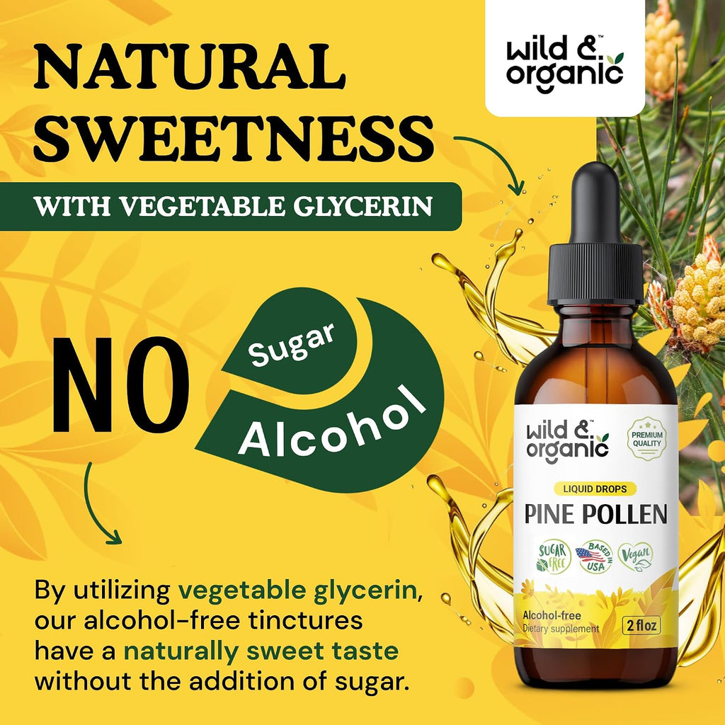 Wild & Organic Tintura de Polen de Pino - Extracto de Polen de Pino Silvestre - Suplemento Líquido Vegano, Sin Alcohol ni Azúcar - 2 fl oz (59 ml)