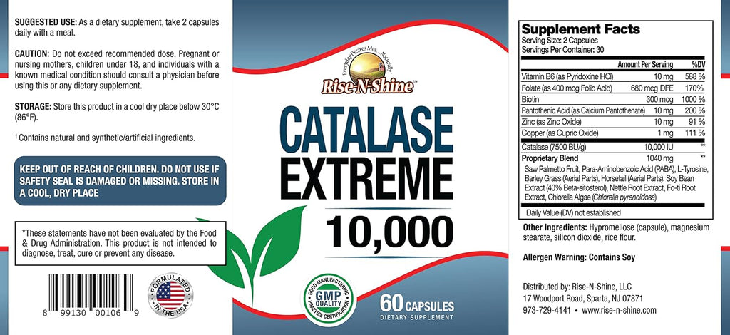 Rise-N-Shine Catalase Extreme 10,000 - Suplemento Capilar con Saw Palmetto, Biotina y Fo-Ti - 60 Cápsulas