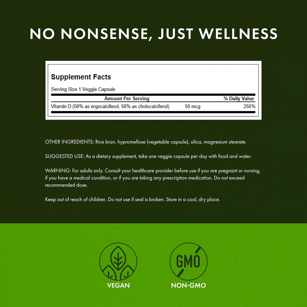 Swanson D2 y D3, 2000 UI – Suplemento para Huesos y Dientes, Apoyo Inmunitario, 60 Cápsulas Vegetales