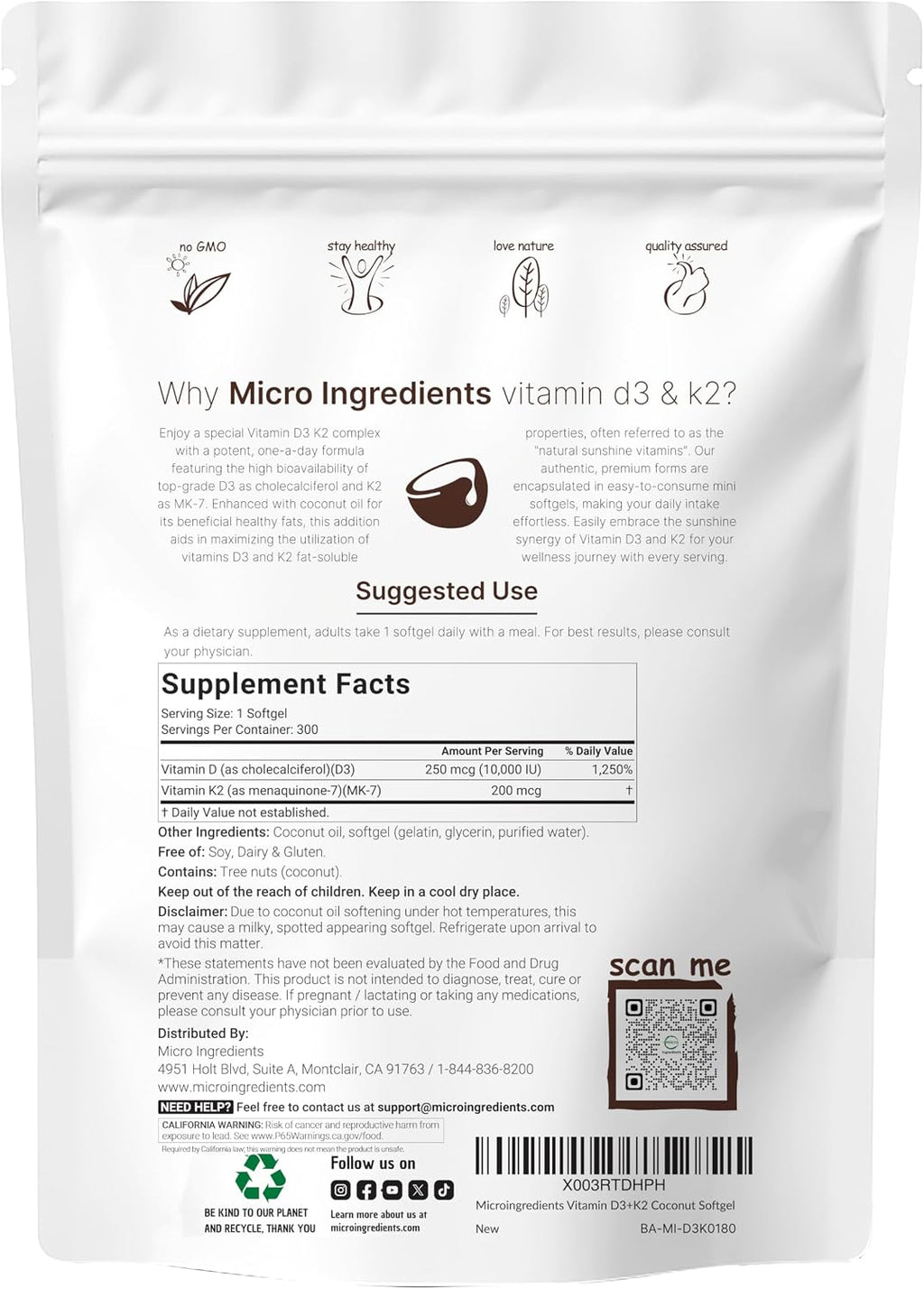 Micro Ingredients Vitamina D3 10000 UI + K2 MK-7 200 mcg, 300 Cápsulas Blandas