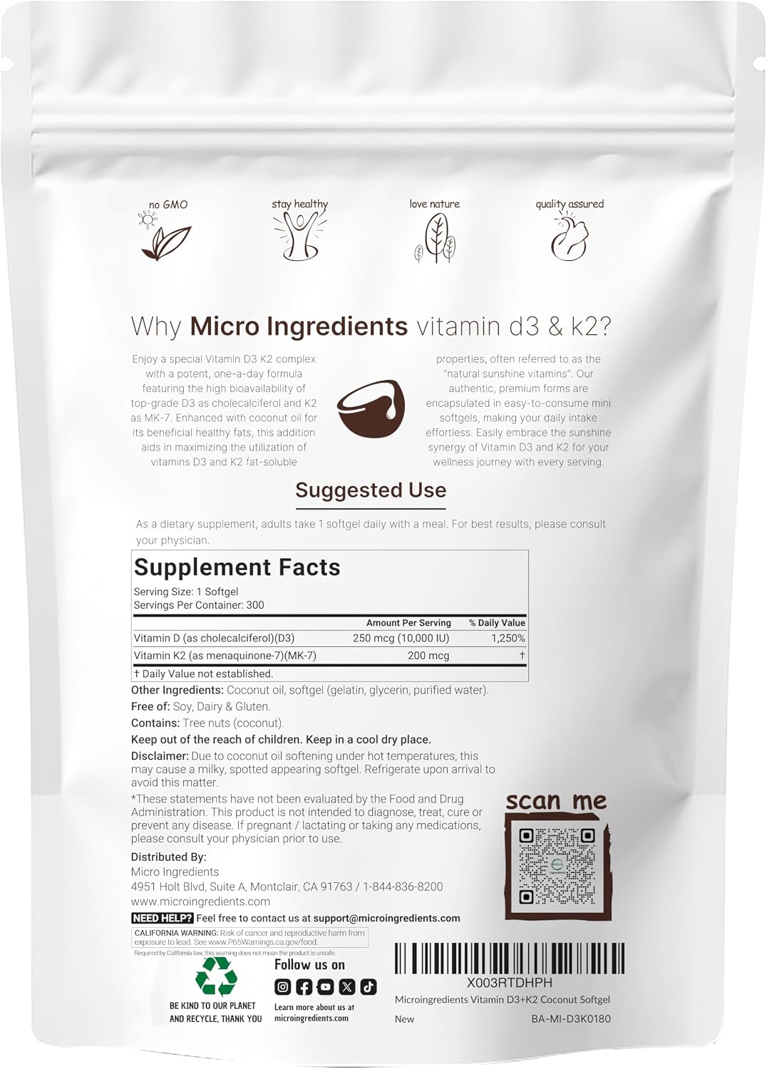 Micro Ingredients Vitamina D3 10000 UI + K2 MK-7 200 mcg, 300 Cápsulas Blandas