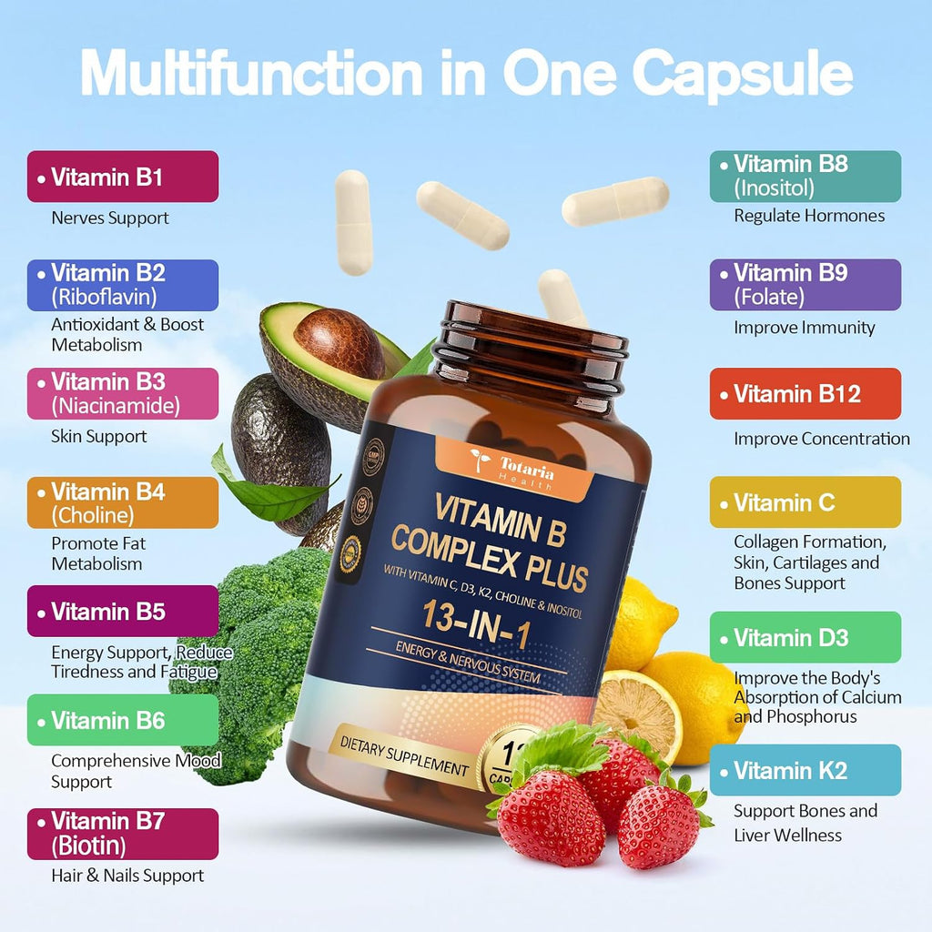 13-in-1 Vitamin B Complex Plus con Vitaminas B1, B2, B3, B4, B5, B6, B7, B8, B9, B12, C, D3, K2 - 120 Cápsulas por Frasco - 2 Frascos