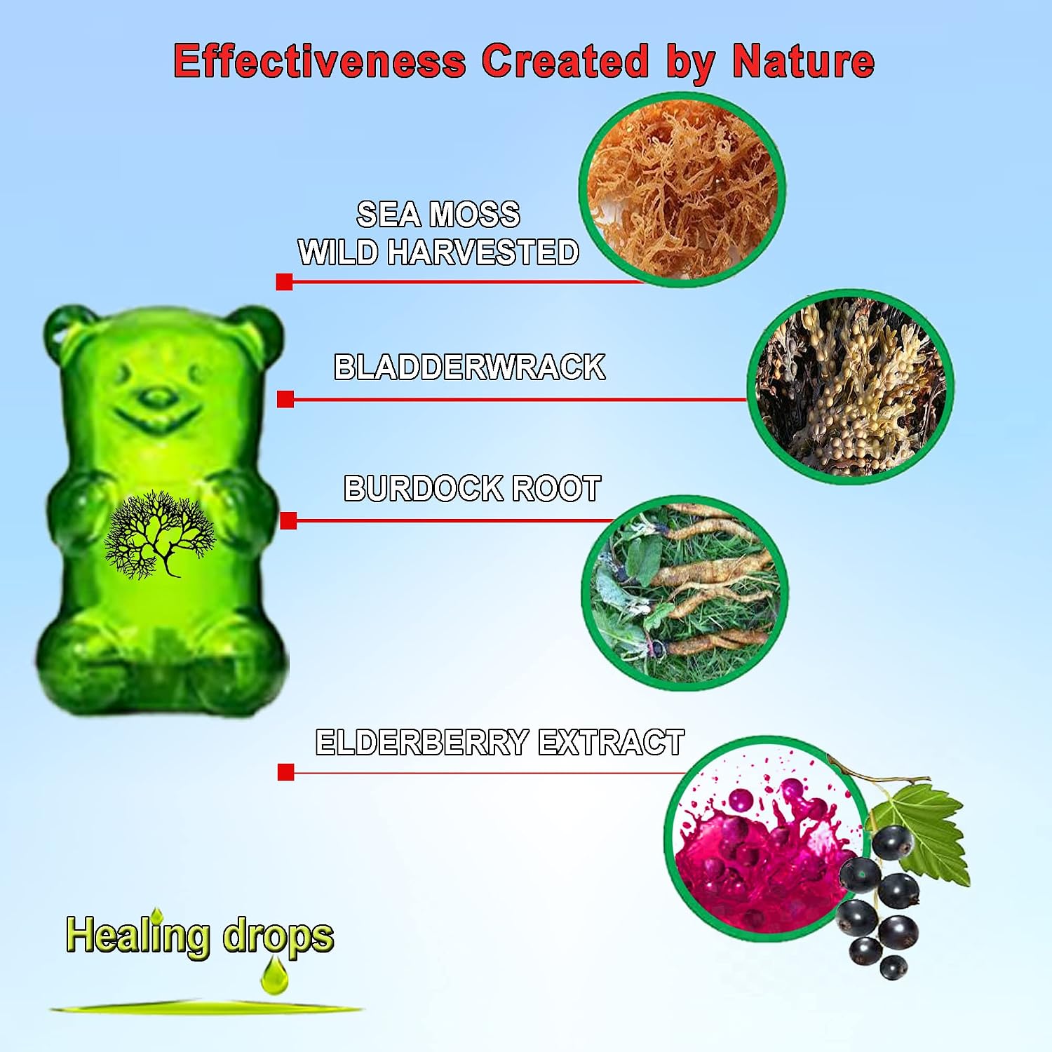 HEALING DROPS Gominolas de Musgo de Mar Irlandés - Ecológico, Vegano, Sin Gluten - Sabor Saúco