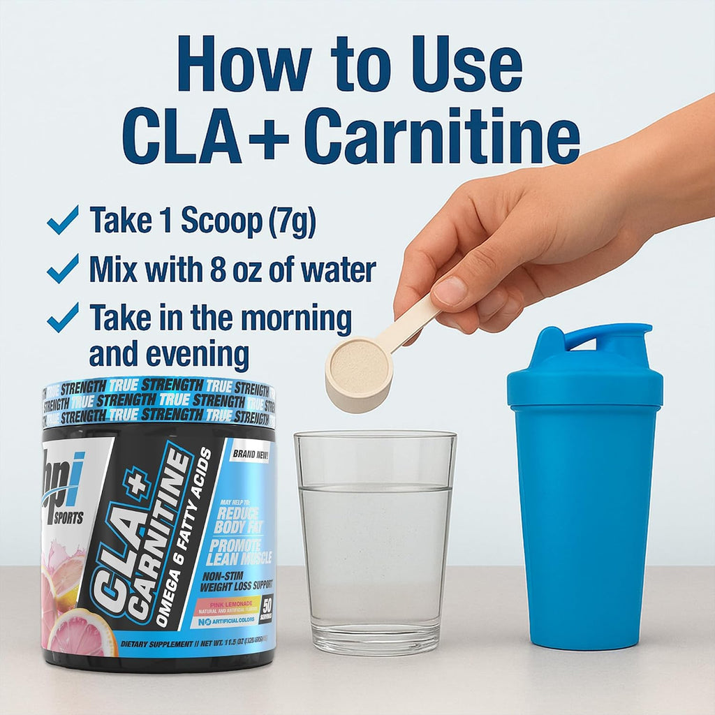 BPI Sports CLA+Carnitine – Suplemento de L-Carnitina y CLA – Sabor Limonada Rosa – 50 Dosis