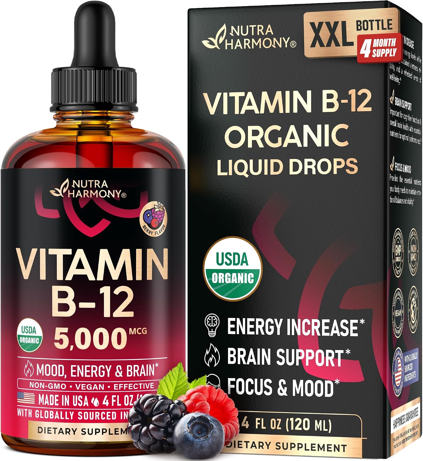 Spray Sublingual de Vitamina B12 Orgánico USDA - 5000 mcg - Metilcobalamina - 60 ml (2 Meses)