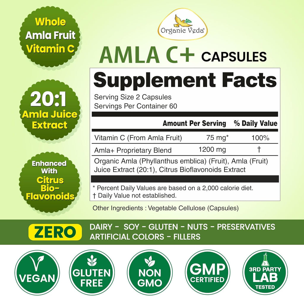 Organic Veda Amla + Cápsulas - Extracto Concentrado de Amla 20X con Vitamina C Natural
