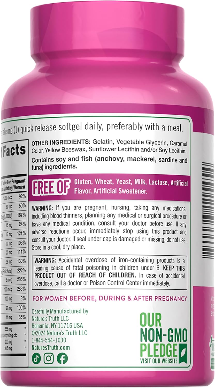 Nature's Truth Vitaminas Prenatales para Mujeres | 120 Softgels | Multivitamínico No-GMO y Sin Gluten con DHA y Ácido Fólico