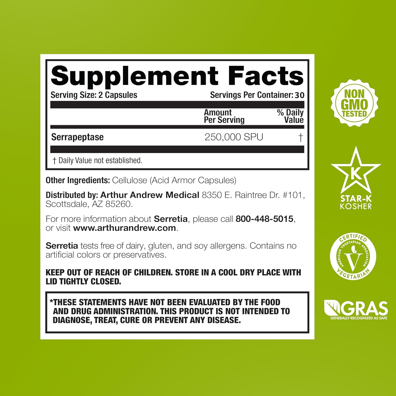 Arthur Andrew Medical Serretia - Serrapeptase for Muscle and Sinus Support, 180 Capsules