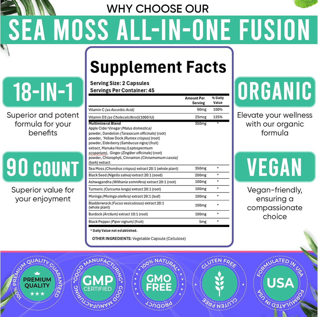 Adndale Sea Moss Capsules - Mezcla de 18 Ingredientes con Ashwagandha y Cúrcuma - 180 Cápsulas