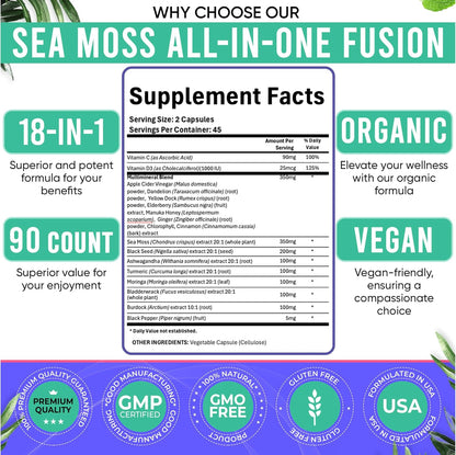 Adndale Sea Moss Capsules - Mezcla de 18 Ingredientes con Ashwagandha y Cúrcuma - 180 Cápsulas