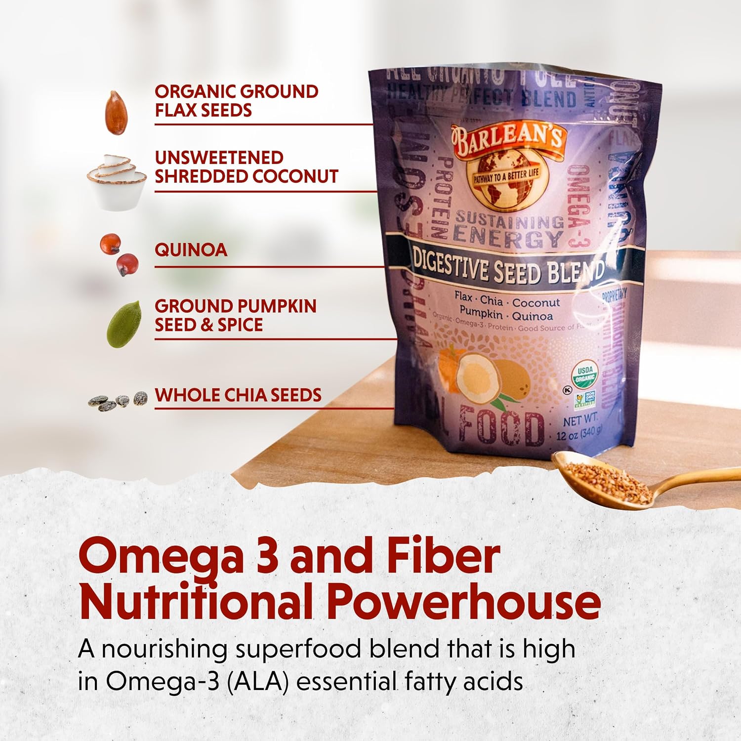 Barlean's Organic Digestive Seed Blend with Chia, Flax, Pumpkin, Quinoa & Coconut, Rich in Omega 3 & Fiber, 340 g