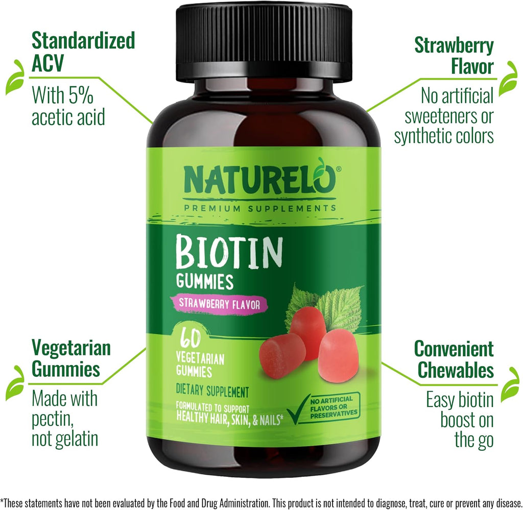 NATURELO Gominolas de Biotina - 2500 mcg - Apoyo para Cabello, Piel y Uñas - No GMO, Sin Gluten - 60 Gominolas