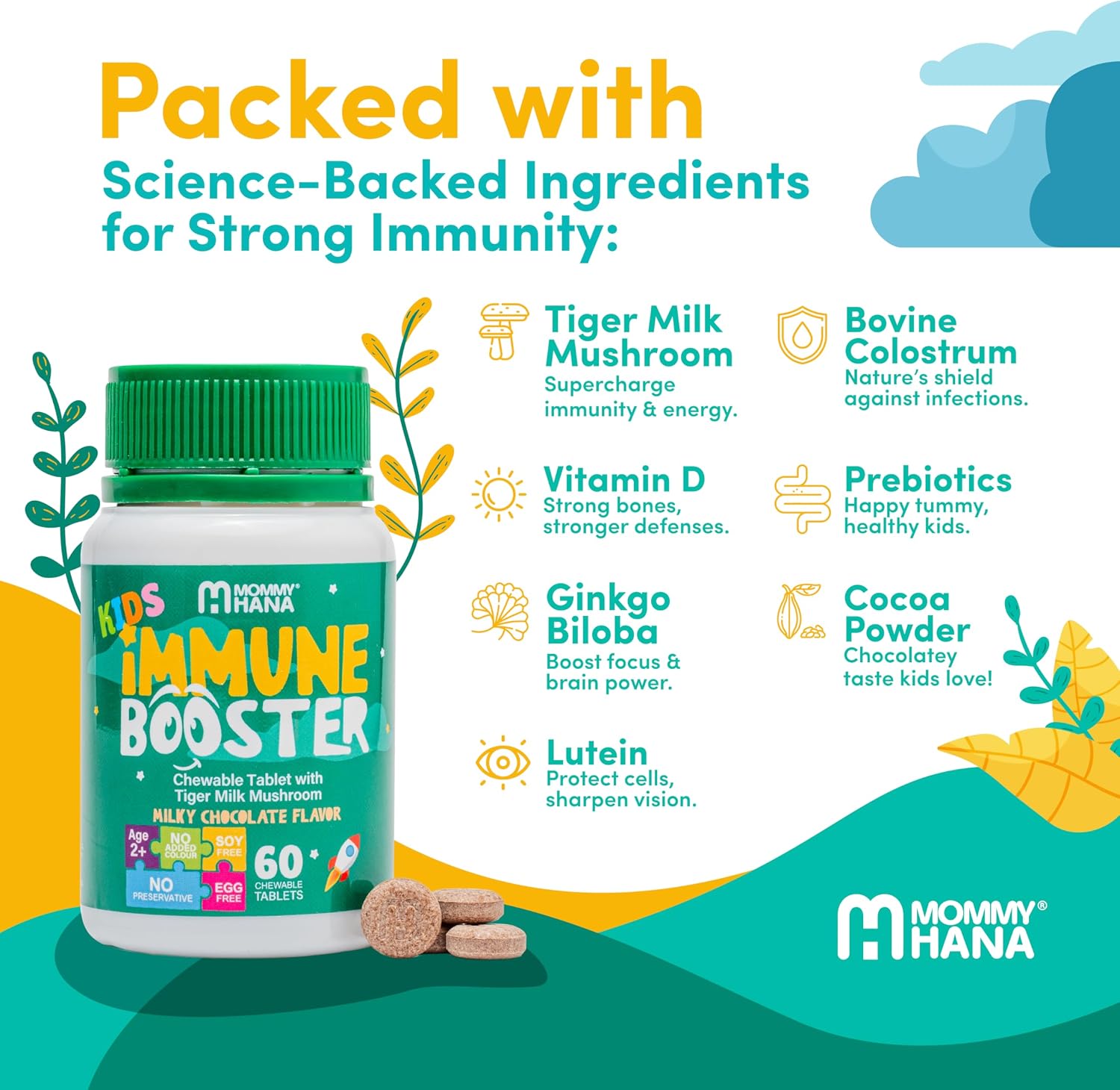 MOMMY HANA Suplemento Inmunitario Infantil con Vitamina D, Colostro y Prebiótico - 60 Comprimidos Masticables Sabor Chocolate