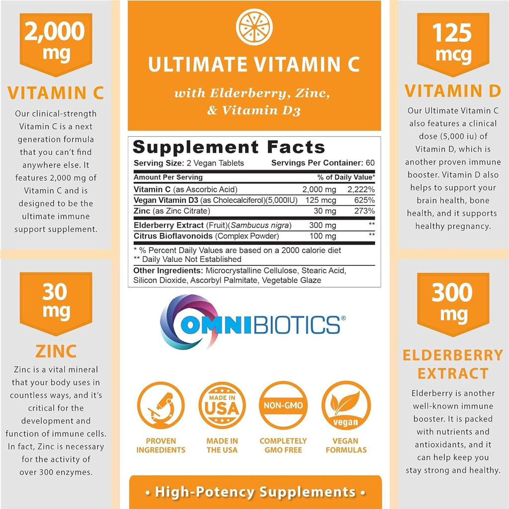 OmniBiotics Ultimate Vitamina C 2000 mg con Zinc, Saúco y D3 – 120 Comprimidos Veganos