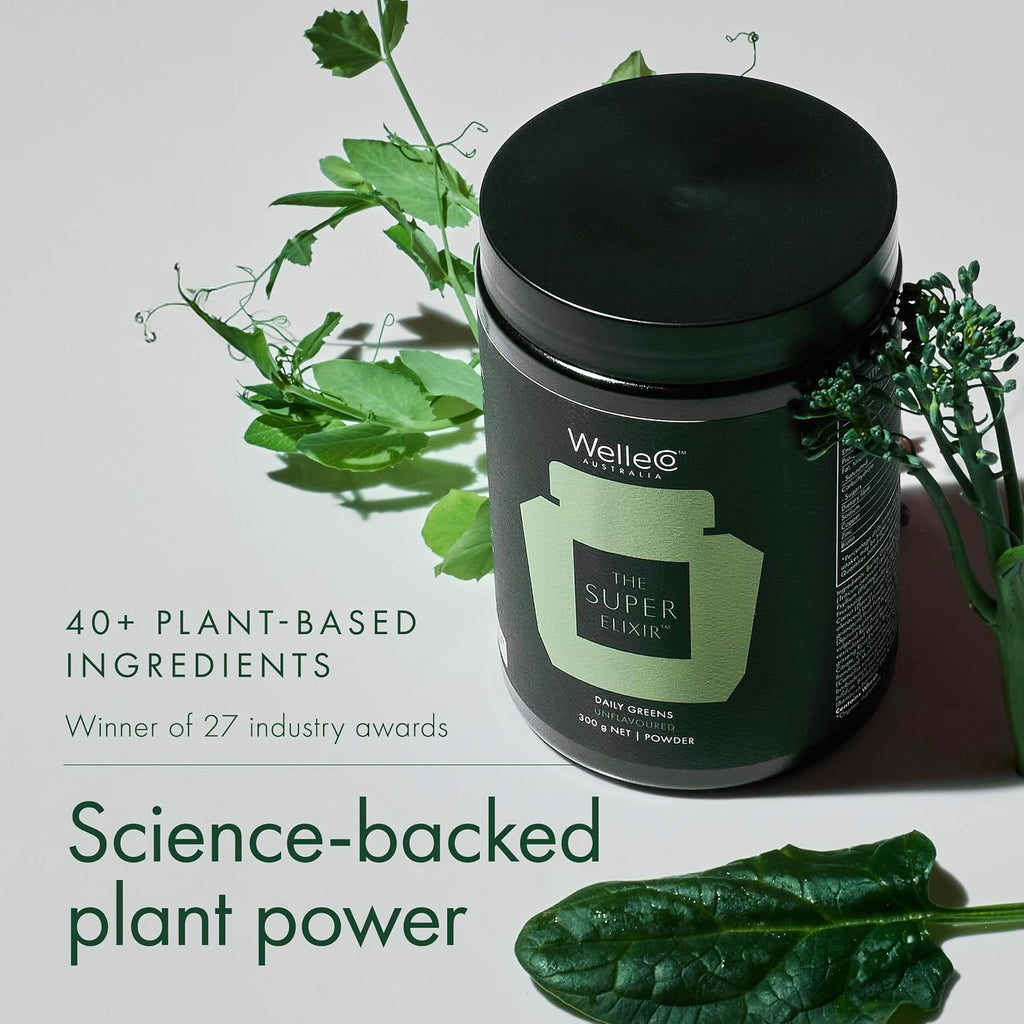 WelleCo The Super Elixir, Mezcla diaria de verduras en polvo con probióticos y superalimentos, sin sabor, 300g