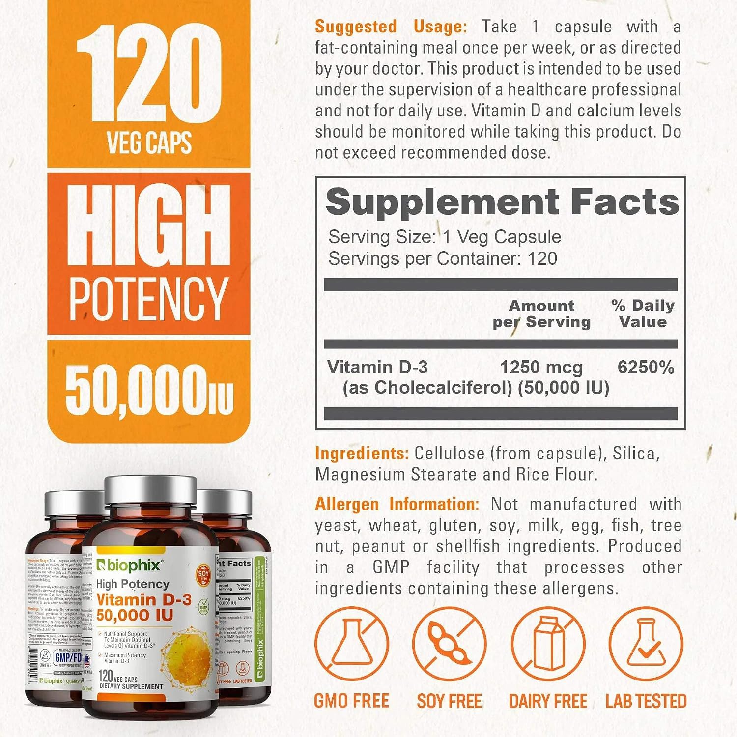 biophix Vitamina D3 10000 UI Alta Potencia - 120 Cápsulas Blandas - Non-GMO Sin Soja