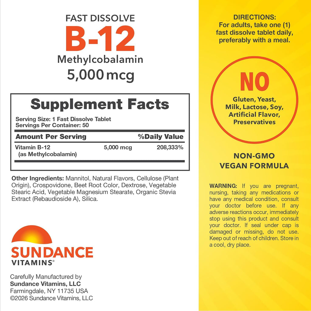 Sundance Vitamina B12 Comprimidos de Disolución Rápida | 5000 mcg | 50 Comprimidos | Metilcobalamina | Sabor Natural a Bayas | Vegano, Sin OGM y Sin Gluten