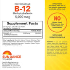 Sundance Vitamina B12 Comprimidos de Disolución Rápida | 5000 mcg | 50 Unidades | como Metilcobalamina | Sabor Natural a Bayas | Vegano, No-GMO y Sin Gluten
