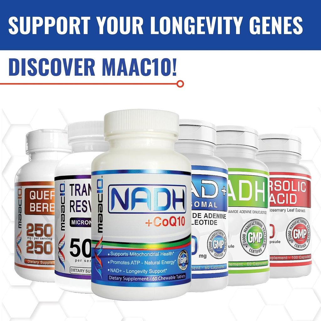 MAAC10 NADH + CoQ10 – 60 Comprimidos Masticables | 50mg NADH PANMOL® + 100mg CoQ10 | Energía y Enfoque Mental