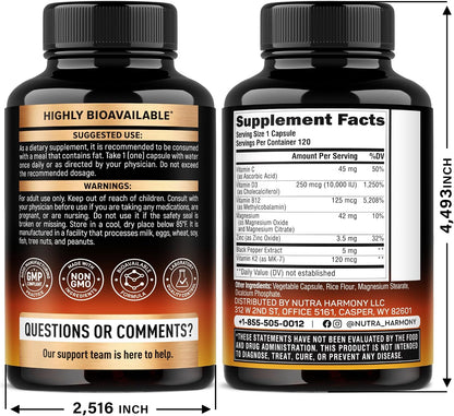 NUTRAHARMONY Vitamina D3 10000 UI y K2 MK-7 120 mcg con Magnesio, Zinc, Vitamina C y B12 - 120 Cápsulas – Image 2
