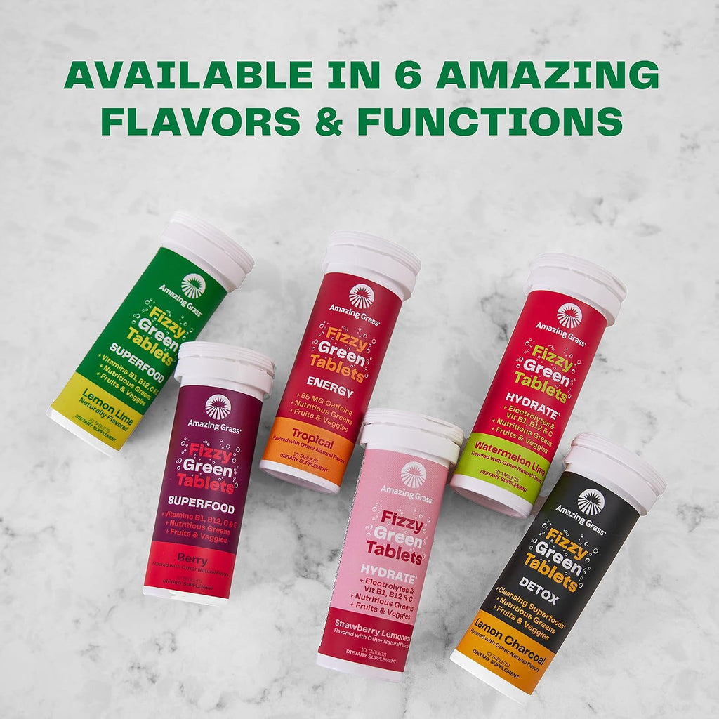 Amazing Grass Fizzy Green Tablets Superfood, Sabor Limón Lima, 30 Comprimidos (3 Tubos de 10)