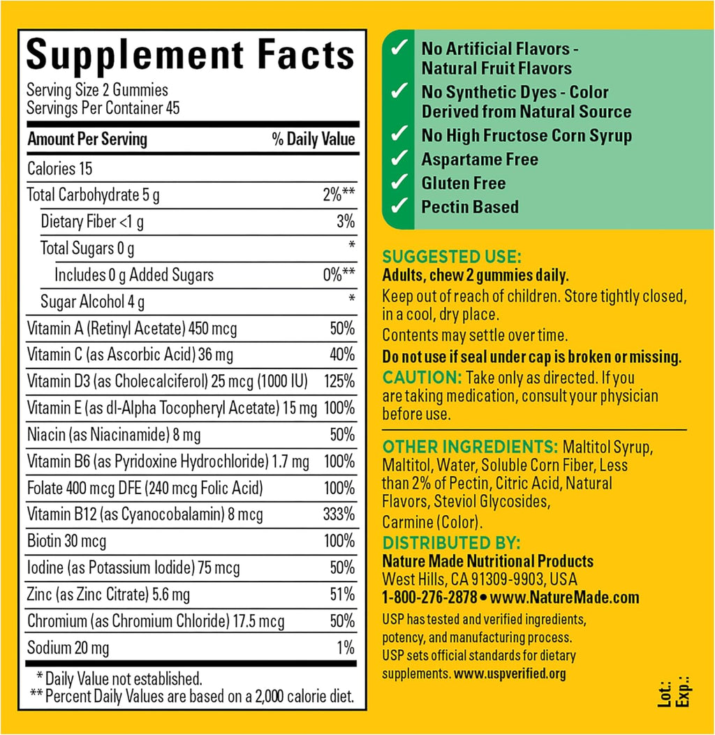 Nature Made Zero Sugar Multivitamin Gummies - Multivitamínico sin azúcar para hombres y mujeres - 90 gomitas (45 días)