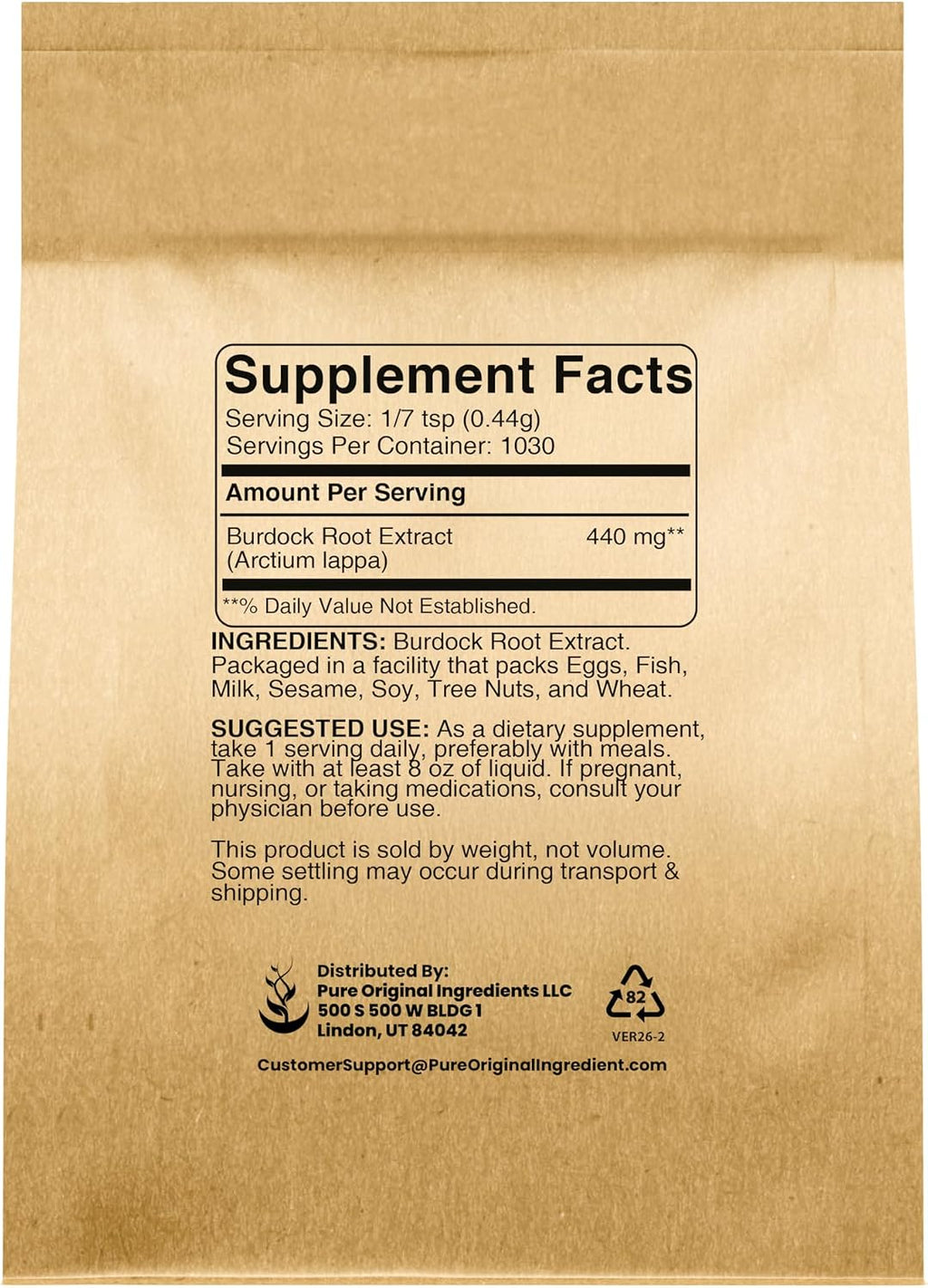 Pure Original Ingredients Extracto de Raíz de Bardana (454g) Verificado en Laboratorio, No-GMO