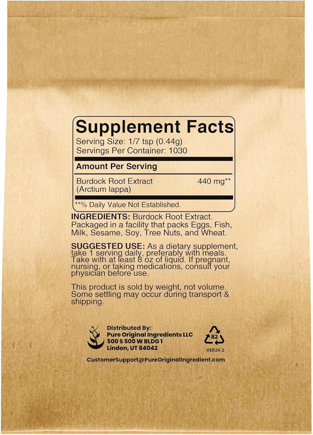 Pure Original Ingredients Extracto de Raíz de Bardana (454g) Verificado en Laboratorio, No-GMO