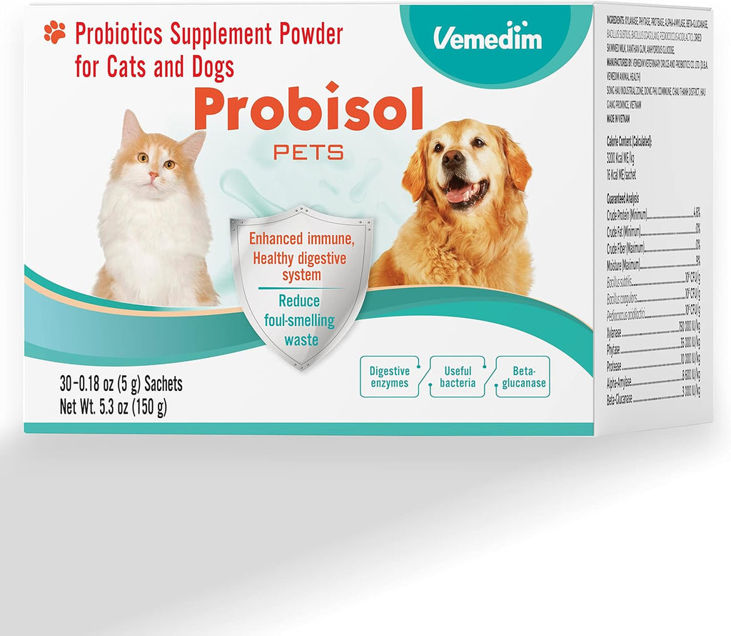Vemedim Probisol Pets, Polvo Probiótico para Perros y Gatos, 30 Sobres de 150g