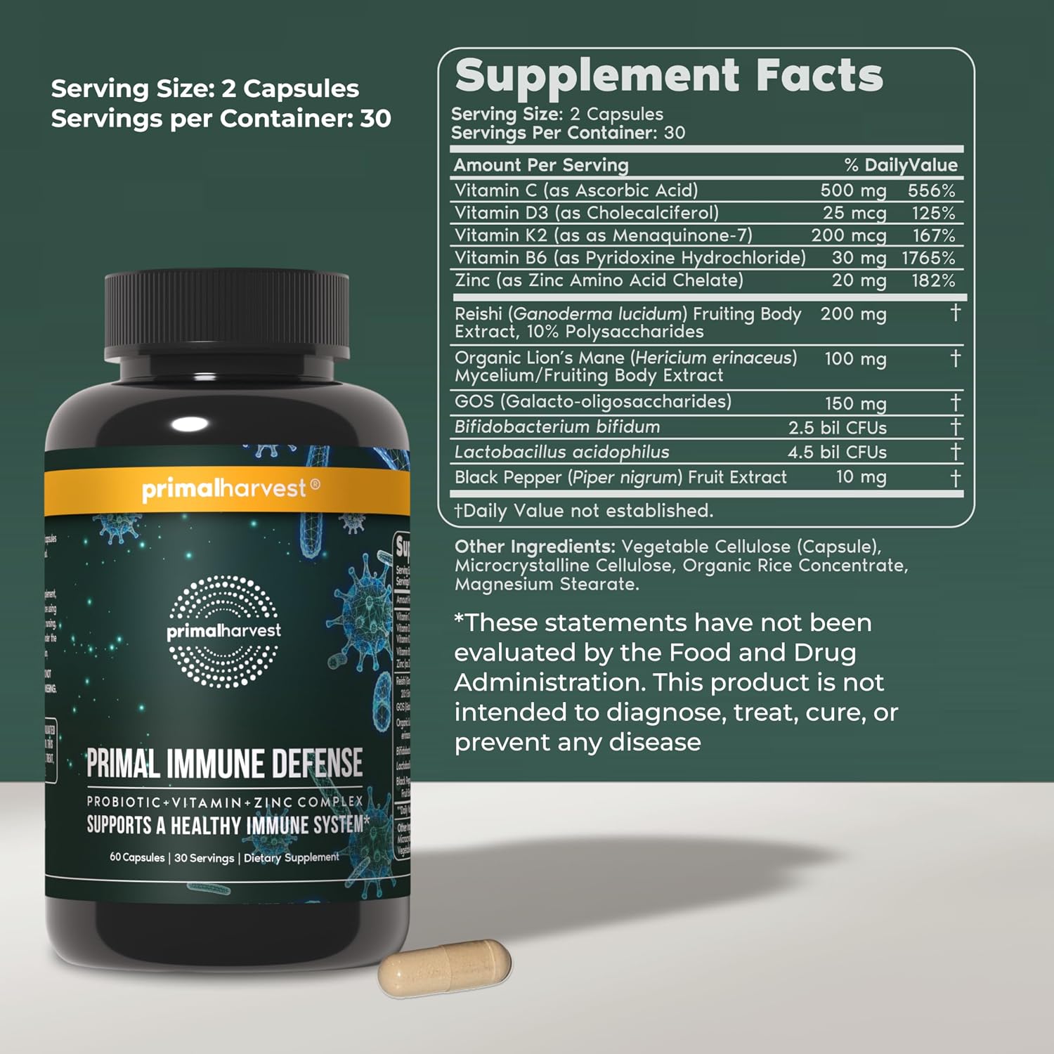 Primal Harvest Primal Immune Defense: 10-en-1 Apoyo Inmunitario con Probióticos, Zinc, Vitaminas C, B6, D3 y K2 - 60 Cápsulas (Pack de 2)