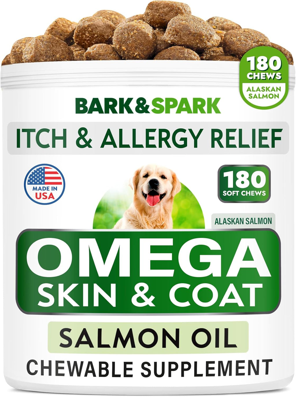 BARK&SPARK Omega 3 para Perros - 180 Golosinas de Aceite de Salmón con EPA y DHA