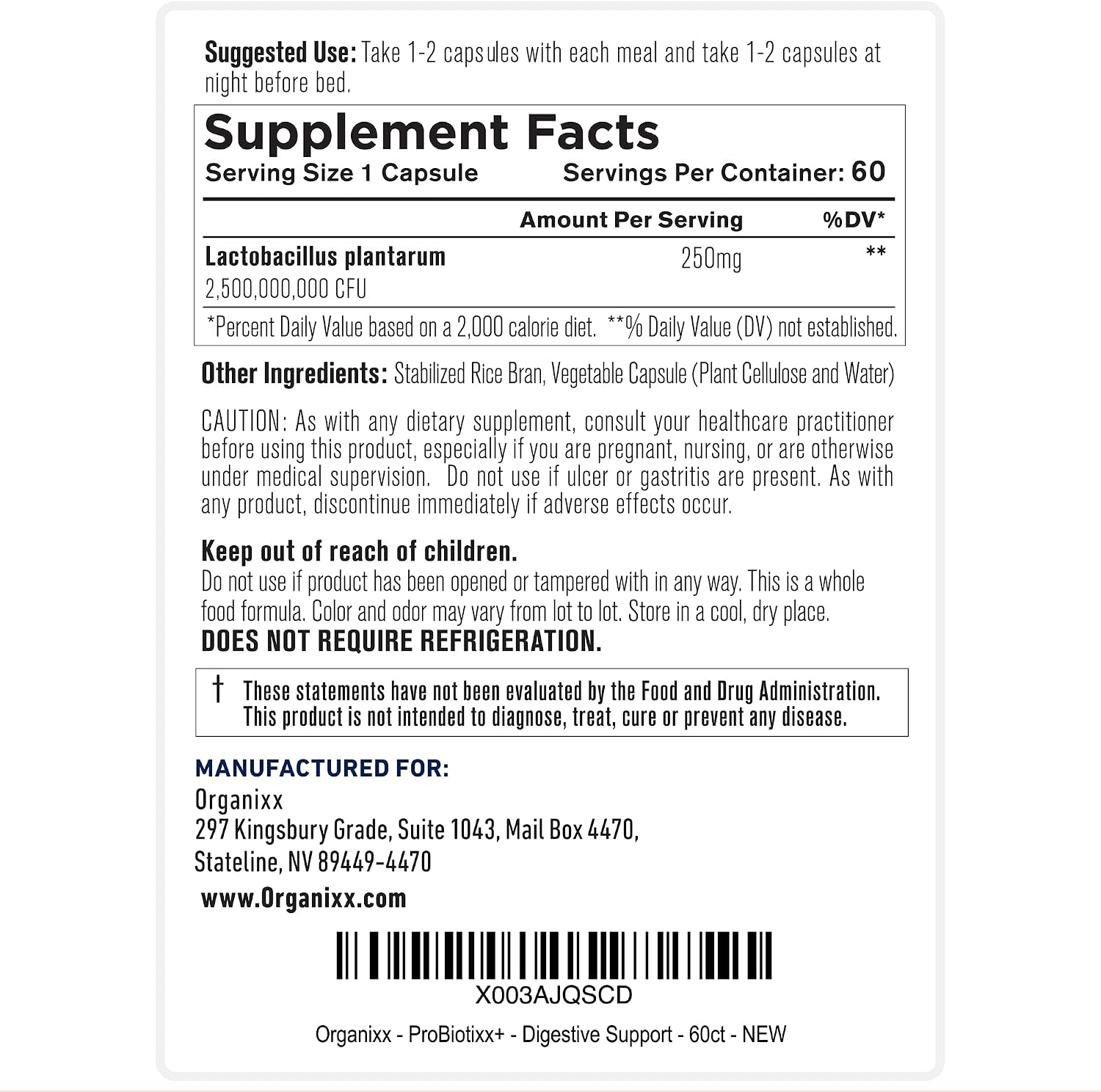 Organixx ProBiotixx+ Probiótico Diario para Salud Digestiva e Inmunidad, 60 Cápsulas Vegetales