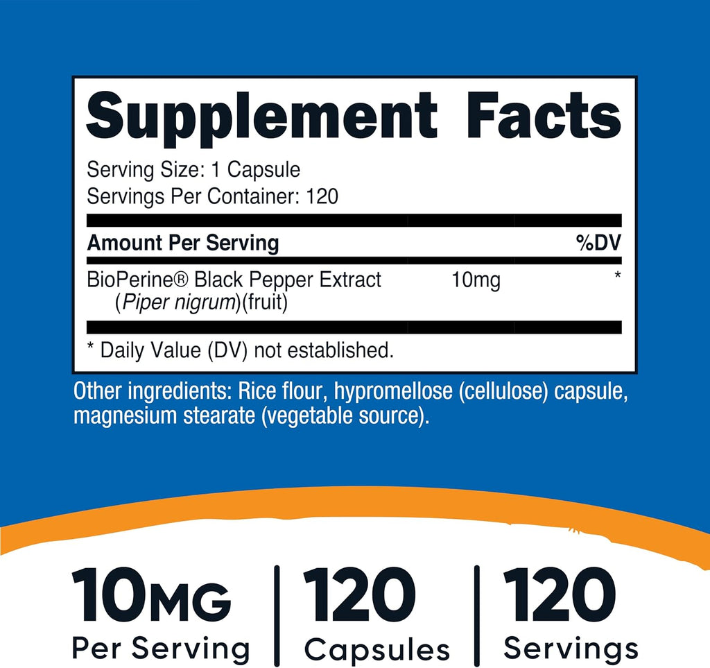 Nutricost Bioperine (Extracto de Pimienta Negra), 10mg por Porción, 120 Cápsulas - Sin Gluten