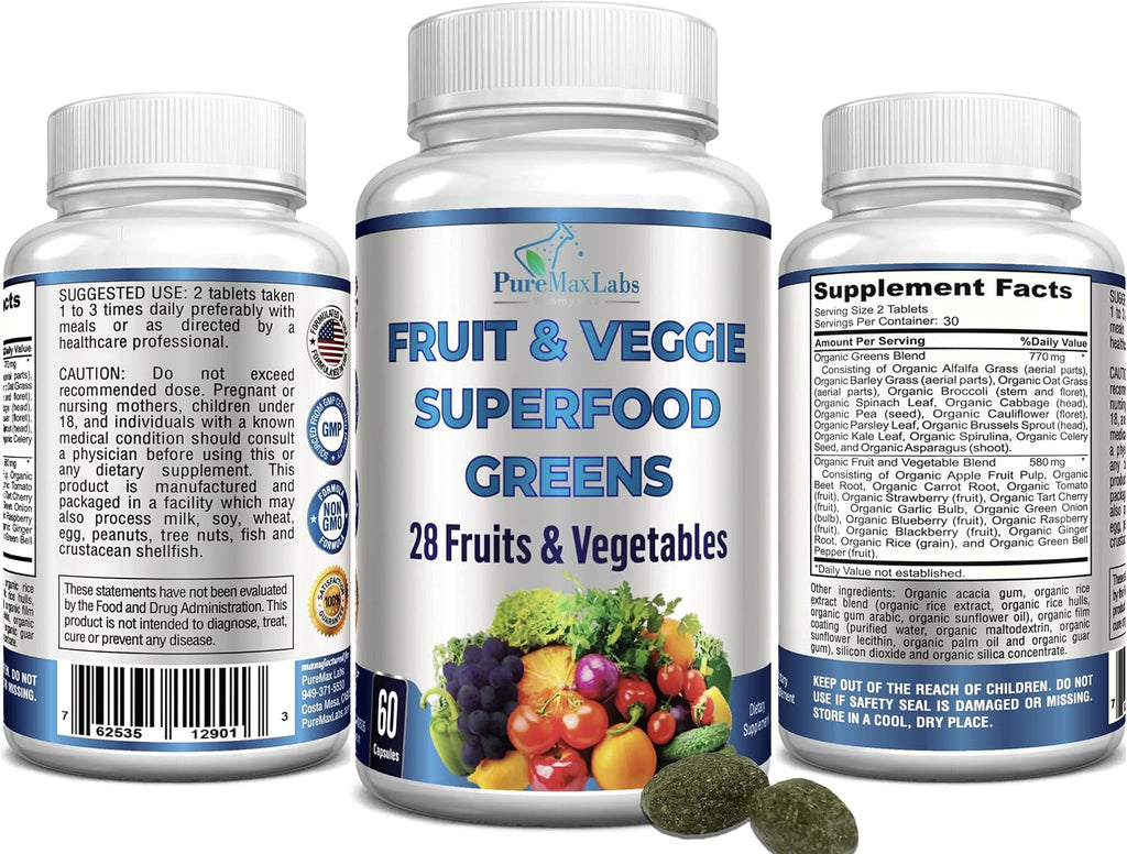 Fruit and Veggie Superfood Greens - 28 Frutas y Verduras Concentradas - 60 Comprimidos