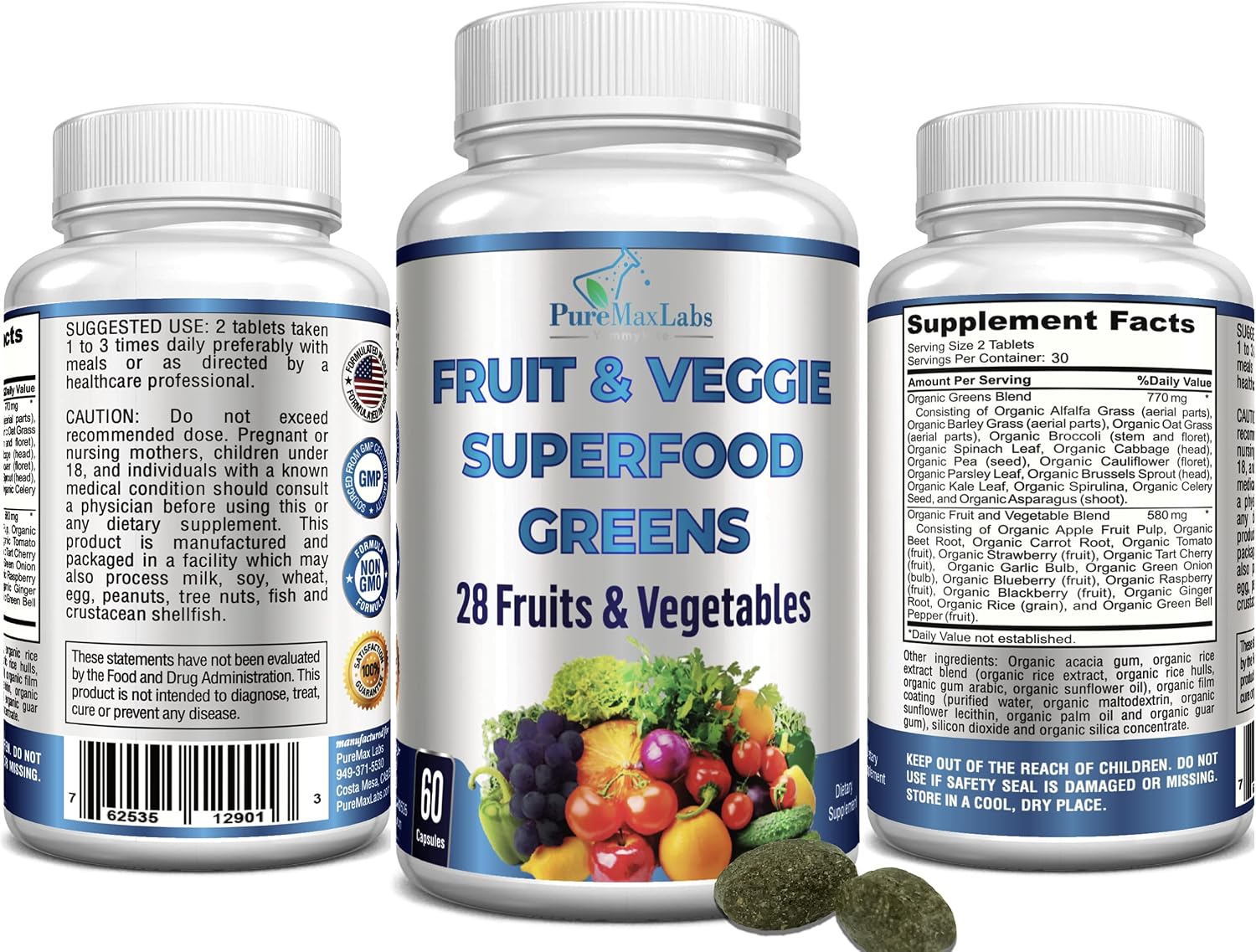 Fruit and Veggie Superfood Greens - 28 Frutas y Verduras Concentradas - 60 Comprimidos