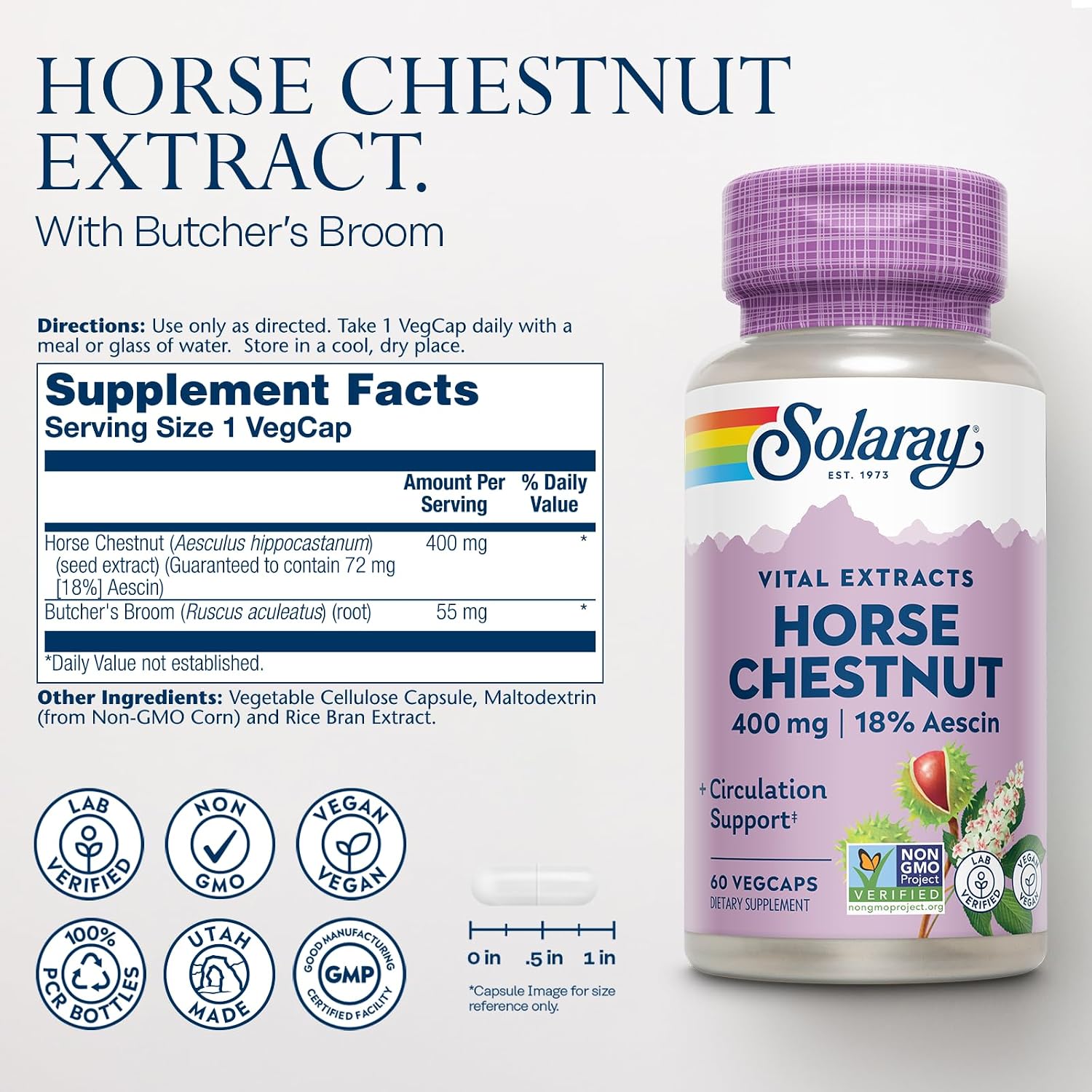 Solaray Extracto de Castaño de Indias 400 mg - Estandarizado a 72 mg de Aescina - Con Rusco - Vegano, No-GMO, 60 Cápsulas Veganas