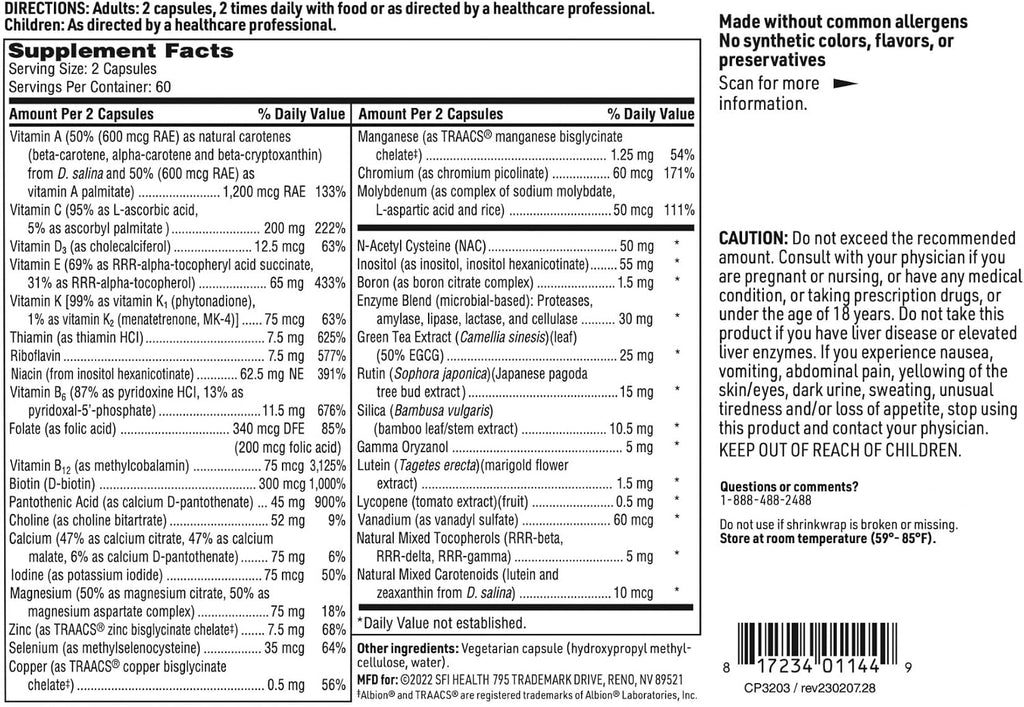 Klaire Labs SFI Health Core Multi - Multivitamínico y Multimineral sin Hierro, 120 Cápsulas